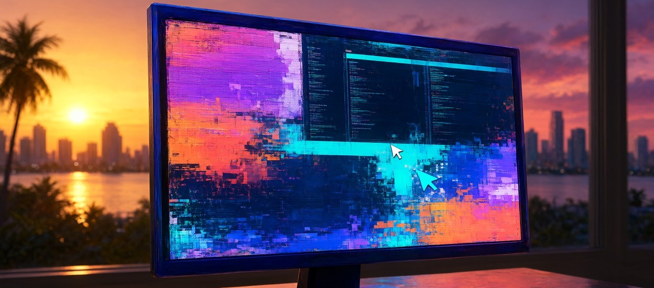 Glitch-art scene of a monitor on a wooden desk, its screen datamoshed into cyan and magenta blocks with two mouse cursors on it, sunset skyline and a palm silhouette behind