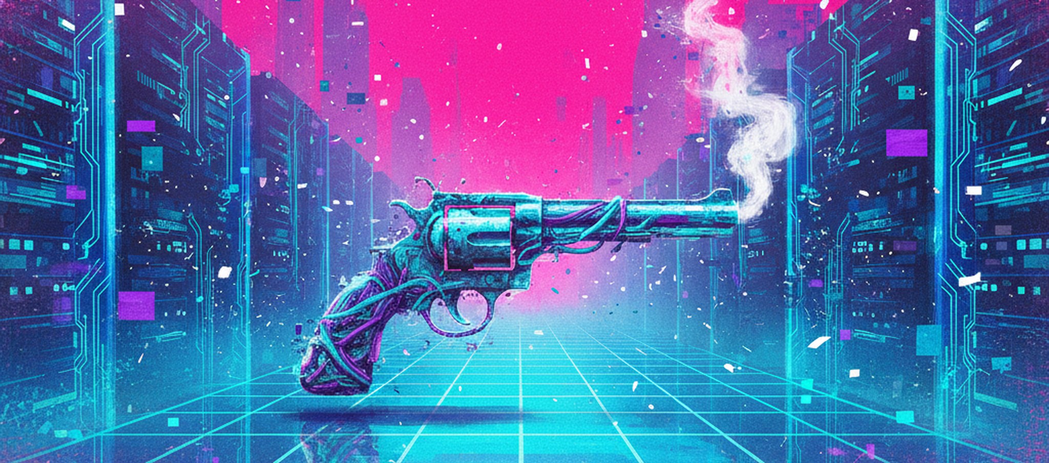 A glitch-art painting of a smoking revolver made of cables and chips, hovering over a river of glowing data flowing between server canyons.