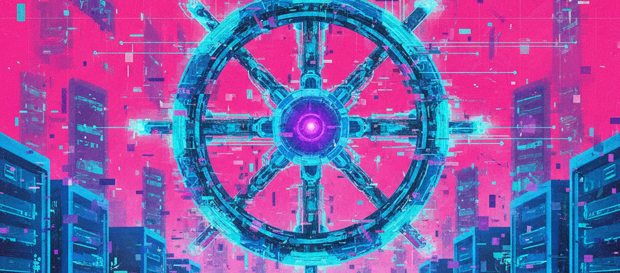 A glitch-art painting of a Kubernetes helm wheel made of glowing cables and chips, turning over a river of data.
