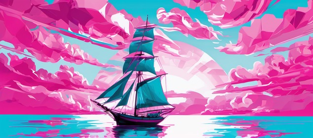 Glitch-art painting of a multi-masted sailing ship on a cyan sea under a vast faceted cloud sky, cyan blue pink purple white palette