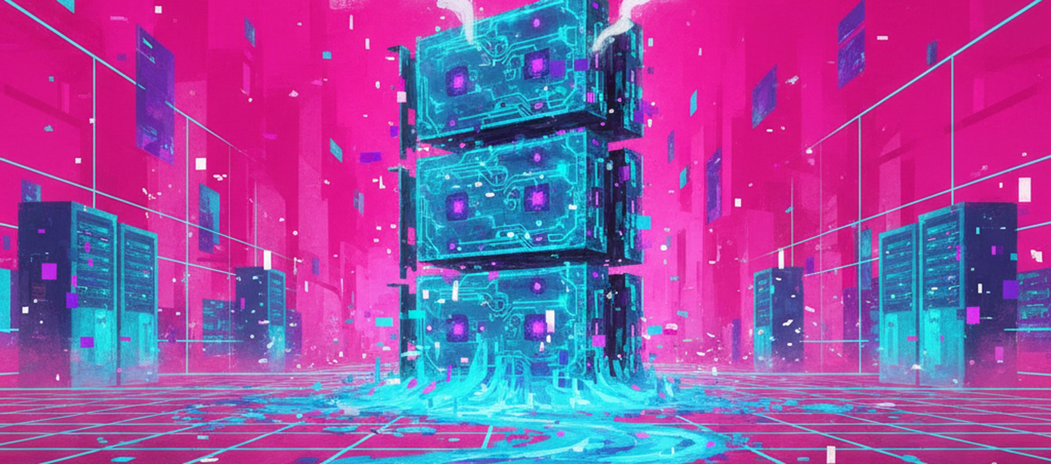 A glitch-art painting of four stacked GPU cards fused into one glowing data tower, rising from a river of cyan pixels.