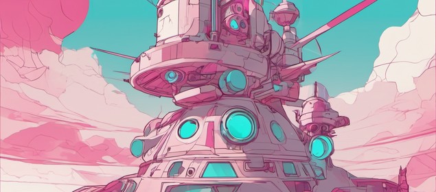 Low-poly faceted machine console with glowing dials and a luminous core, cyan sky with pink blocky clouds