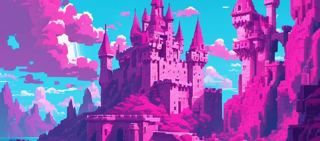 Isometric pixel-art fortress with a glowing cyan moat